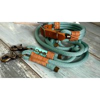 Tauleine Und Halsband Set Dogleash Seegrün Antik Messing Leder Cognac Verstellbar von TauForDogs