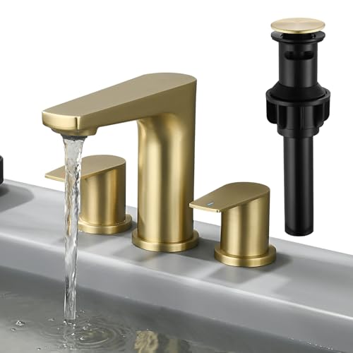 Taucent Badezimmer-Armaturen mit 3 Löchern, gebürstetes Gold, 20,3 cm, breite Waschbeckenarmatur, Wasserfallauslauf, mit Pop-Up-Ablauf und Wasserversorgung, geeignet für Waschtisch, gewerbliche Taucent Badezimmer-Armaturen mit 3 Löchern, gebürstetes Gold, 20,3 cm, breite Waschbeckenarmatur, Wasserfallauslauf, mit Pop-Up-Ablauf und Wasserversorgung, geeignet für Waschtisch, gewerbliche von Taucent