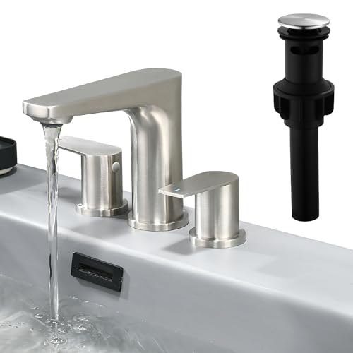 Taucent Quadratische Wasserfall-Badezimmerarmaturen aus gebürstetem Nickel, 3 Löcher, 20,3 cm, breite Waschbeckenarmatur mit Pop-Up-Ablauf- und Zuleitungen, zwei Griffe für Waschtisch, WC, gewerbliche Taucent Quadratische Wasserfall-Badezimmerarmaturen aus gebürstetem Nickel, 3 Löcher, 20,3 cm, breite Waschbeckenarmatur mit Pop-Up-Ablauf- und Zuleitungen, zwei Griffe für Waschtisch, WC, gewerbliche von Taucent