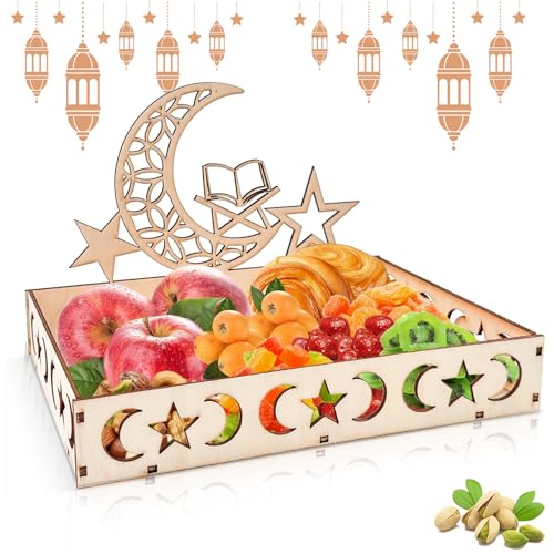 Eid Mubarak Tablett, Ramadan Holz Tablett Eid Mubarak Tischdeko Teller Holzplatte mit Mond- und Sternmuster, Dessert Gebäck Tablett für Islam Party Süßigkeiten Kuchen Kekse (A) von Taufe
