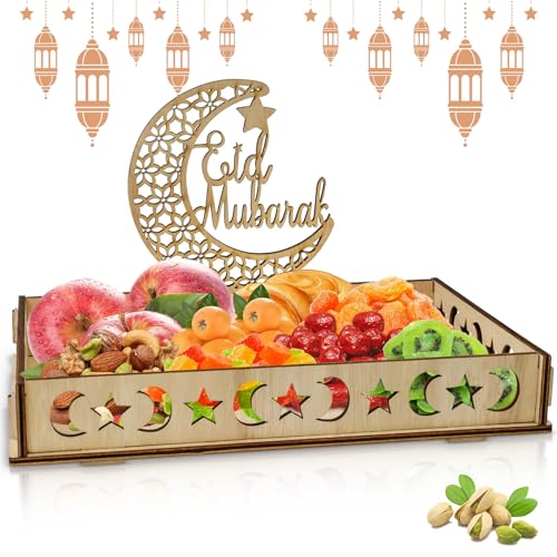 Eid Mubarak Tablett, Ramadan Holz Tablett Eid Mubarak Tischdeko Teller Holzplatte mit Mond- und Sternmuster, Dessert Gebäck Tablett für Islam Party Süßigkeiten Kuchen Kekse (D) von Taufe