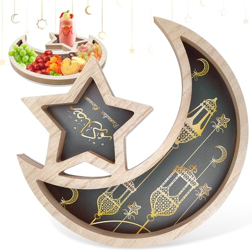 Ramadan Holz Tablett, Eid Mubarak Tischdeko Teller Stern Mond Holz Dessert Tablett Ramadan Eid Mubarak Dekoration, mit Mond und Stern Muster Ramazan Deko für Kareem Party (Brauner) von Taufe