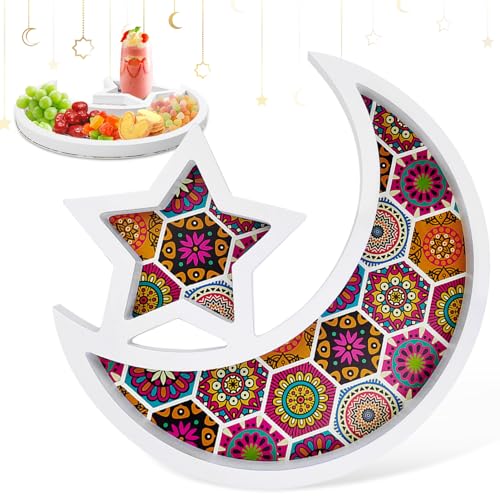 Ramadan Holz Tablett, Eid Mubarak Tischdeko Teller Stern Mond Holz Dessert Tablett Ramadan Eid Mubarak Dekoration, mit Mond und Stern Muster Ramazan Deko für Kareem Party (Weißer) von Taufe