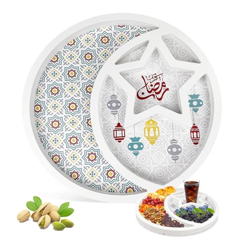 Ramadan Tablett, Ramadan Holz Tablett Eid Mubarak Tablett Stern Mond Holz Dessert Tablett Eid Mubarak Tischdeko Teller Mond-Holzstern-Geschirr, Serviertablett für Ausstellungsständer von Taufe