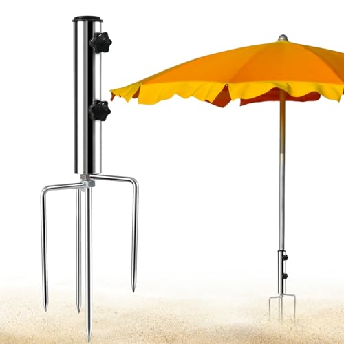 Taufe Erdspieß Sonnenschirm, Schirmständer Strand Rasendorn für Sonnenschirm aus Metall Spieß Schirmständer mit 4 Heringen, Einstellbar Robuster für Strand Gras Sand von Taufe