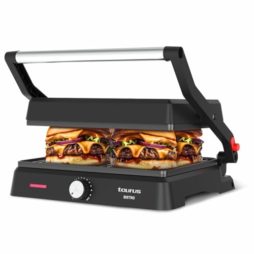 Taurus - Kontaktgrill Bistro 2600W | 2-in-1 Grill & Plancha | Platten 29x23 cm | Schwenkbare obere Platte & 180° Öffnung | Antihaftbeschichtung PFOA-frei | Fettauffangschale | Einstellbarer Thermostat von Taurus