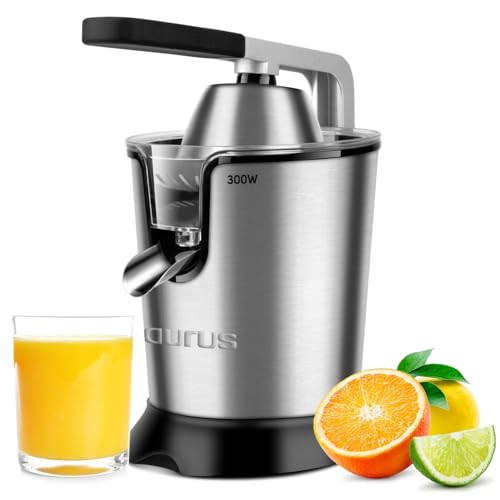 Taurus Zitruspresse | Easy Press 300 | Edelstahl | Spülmaschinenfest | Kontinuierliches Ausgießen mit Hebel | 650mL Tank | 2 Kegel | 2 Filter | elektrischer Fruchtfleischregler | BPA frei von Taurus