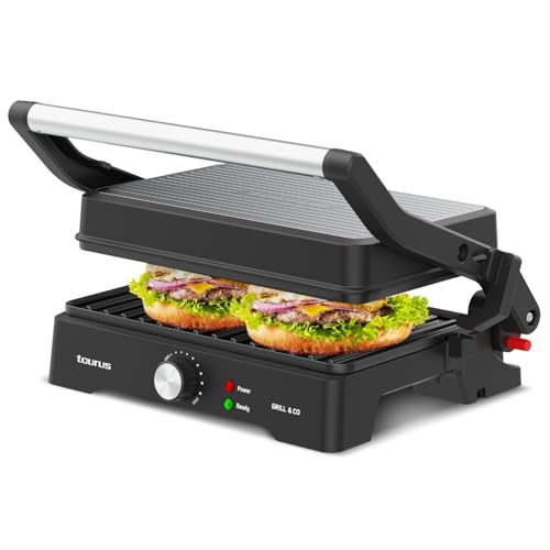Taurus - Elektrischer Kontaktgrill Grill&Co GR1500X | 1500W | Antihaftplatten 27,5 x 17,3 cm | 180° Schwenkdeckel | Einstellbarer Thermostat | Rutschfeste Basis | Abnehmbare Fettauffangschale von Taurus