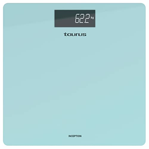 Taurus Inception Digitale Personenwaage, schmal, 28 x 28 cm, gehärtetes Glas, sehr robust, kg/lb, leicht ablesbares Display, max. 180 kg/min 3 kg, rutschfeste Füße, blau von Taurus