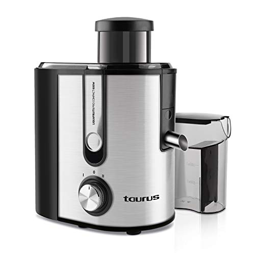 Taurus - Liquafruits Pro Compact Entsafter | 600W | Einlass 65 mm | Abnehmbarer Edelstahlfilter | 2 Geschwindigkeiten | 350-ml-Behälter | Abnehmbarer 1,2-Liter-Brei-Behälter | Anti-Tropf-System von Taurus