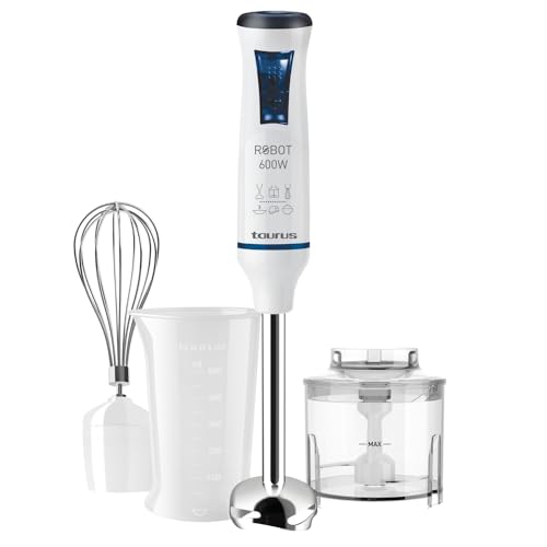 Taurus Stabmixer-Set | ROBOT 600 PLUS INOX | 20 Geschwindigkeitsstufen | 600 W | Elektrisch | Inklusive Pürierstab | Schneebesen | Mixbehälter | Zerkleinerer | Spülmaschinenfest | Weiss von Taurus