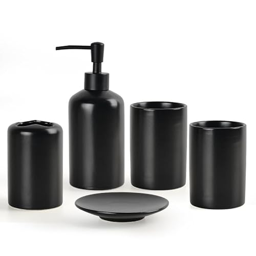 Badezimmer Zubehör Set Schwarz, Keramik, Seifenspender Set Für Heimdekoration, Badezimmer, Waschtisch, Küche, 5 teiliges von Tauzveok