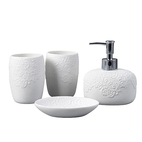 Keramik Badaccessoires Set, Seifenspender Set weiß, 4 Teiliges mit Zahnputzbecher, Runde Seifenschale, Bathroom kit von Tauzveok