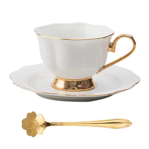 Keramik Blume Tee Gold Tasse Nachmittag Tee Set Red Tee Tasse Kaffeetasse Untertasse Frühstück Milch Tasse Home Office (White 01) von Tauzveok