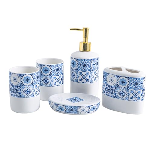 Seifenspender Set Keramik Blau, 5 teiliges Badezimmer Zahnputzbecher Set, mit Bad Seifenspender, Zahnputzbecher, Zahnbürstenhalter und Seifenschale, Pump Heads, Badorganizer,Blau von Tauzveok