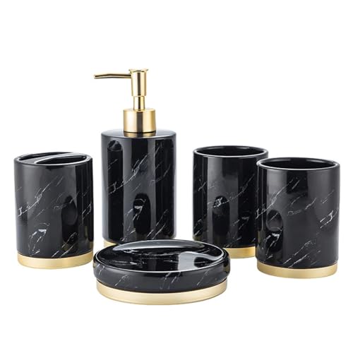 Accessoires Für Bad Keramik Badezimmer Set 6 Teilig Bad Set Zubehör Seifenspender Tablett Zahnbürstenhalterung Seifenschale Zahnputzbecher Vintage,Schwarz von Tauzveok