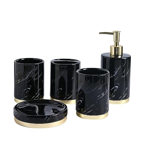 Tauzveok Badezimmer Seifenspender Set Schwarz, 5 Teiliges Badaccessoires, Seifenspender Keramik, 3Er Zahnputzbecher, Seifenschale, Für Bad Organizer,Schwarz von Tauzveok