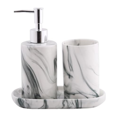 Tauzveok Badezimmer Set, 3-Teilig Seifenspender Set, Mit Seifenspender, Zahnputzbecher Und Seifenschale, Geeignet Für Bad,Waschbecken,Flüssig, Badaccessoires, Modern,Grau Tauzveok Badezimmer Set, 3-Teilig Seifenspender Set, Mit Seifenspender, Zahnputzbecher Und Seifenschale, Geeignet Für Bad,Waschbecken,Flüssig, Badaccessoires, Modern,Grau von Tauzveok