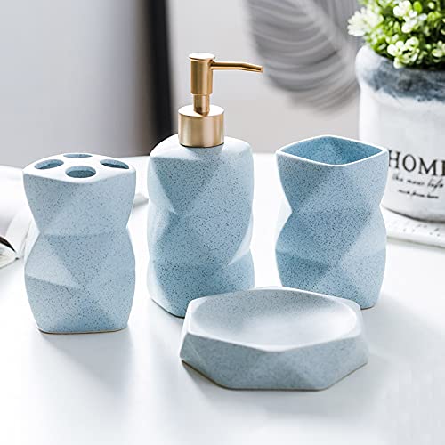 Tauzveok Badezimmer Set Geometrische Figur Luxuriöses Badezimmer Zubehör Set Keramik mit Seifenspender, Zahnputzbecher, Seifenschale, Zahnbürsten-Halter,Blau,4Pcs von Tauzveok