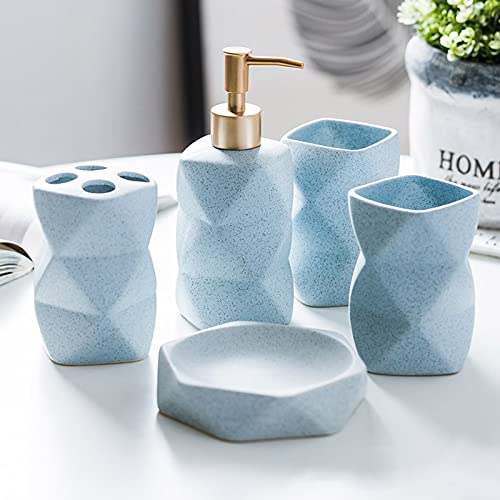 Badezimmer Set Geometrische Figur Luxuriöses Badezimmer Zubehör Set Keramik mit Seifenspender, Zahnputzbecher, Seifenschale, Zahnbürsten-Halter,Blau,5Pcs von Tauzveok