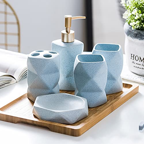 Tauzveok Badezimmer Set Geometrische Figur Luxuriöses Badezimmer Zubehör Set Keramik mit Seifenspender, Zahnputzbecher, Seifenschale, Zahnbürsten-Halter,Blau,6Pcs von Tauzveok