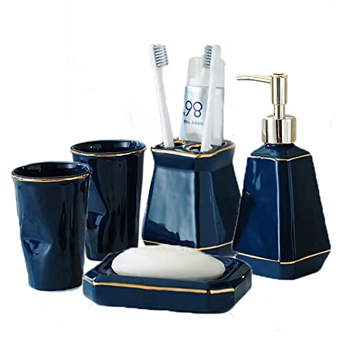 Tauzveok Home Modernes Luxus-Badezimmer-Zubehör-Set 5-teilig mit Seifenspender, Zahnbürstenhalter, Zahnbecher und Seifenschale,Blau,5pcs von Tauzveok