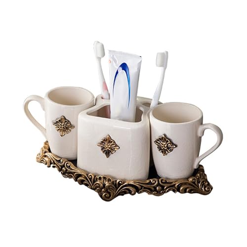 Keramik Bad-Accessoires-Set 3 Stück Set Eisriss Tumbler Seifenschale Seifenspender Zahnbürstenhalter Mundwasserbecher Bad Toilette Hotelbad Waschset (White B) von Tauzveok