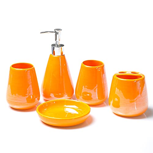 Tauzveok Keramik Perlglasur Badset Badezimmer Zubehör Set Mit Seifenspender, Zahnputzbecher, Seifenschale, Zahnbürsten-Halter,Orange,5Pcs von Tauzveok