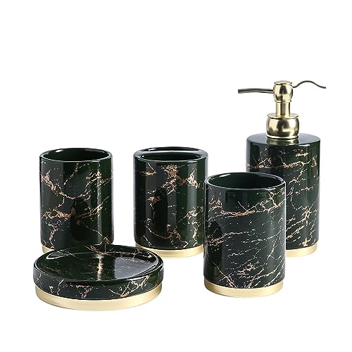 Tauzveok Seifenspender Set Schwarz, 5 Teiliges Badezimmer Set, Seifenspender Keramik, 3Er Zahnputzbecher, Seifenschale, Für Bad Organizer, Marmorierung Tauzveok Seifenspender Set Schwarz, 5 Teiliges Badezimmer Set, Seifenspender Keramik, 3Er Zahnputzbecher, Seifenschale, Für Bad Organizer, Marmorierung von Tauzveok