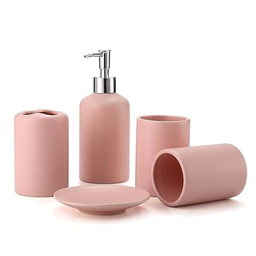 Seifenspender Zahnputzbecher Set, Keramik Bad Accessoires Für Heimdekoration, Badezimmer, Waschtisch, Küche, Rosa von Tauzveok