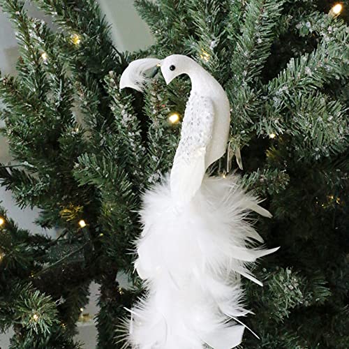 Tauzveok Weihnachtsbaum Deko, Pfau Vögel Weihnachtsbaum Deko, 17 Inches Künstlicher Langschwänziger Gefiederter Pfau Mit Clips, Für Baumschmuck Weihnachten,Peacock White,Suit C von Tauzveok