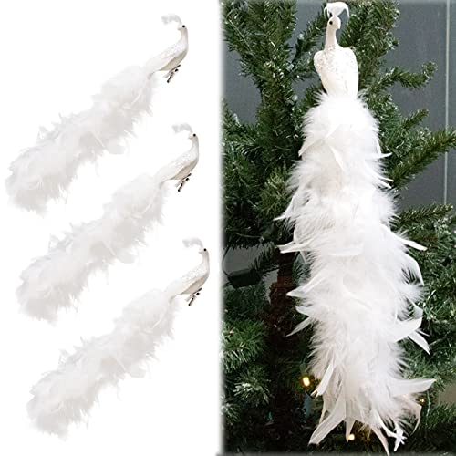 Tauzveok Weihnachtsbaum Deko, Pfau Vögel Weihnachtsbaum Deko, 17 Inches Künstlicher Langschwänziger Gefiederter Pfau Mit Clips, Für Baumschmuck Weihnachten,Peacock White,3pc von Tauzveok