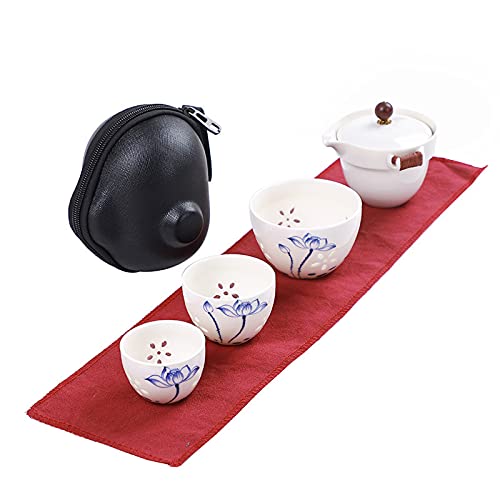 Tragbare keramische Reisen-Tee-Set,Blue and White Porcelain with Hollow Lotus Design, 3 Cupswith Travel Bag, geeignet zum Wandern, Familienfeiern von Tauzveok