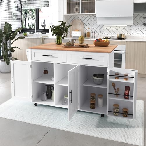 Küchenwagen Kücheninsel mit Arbeitsplatte,Servierwagen Holz,Speisewagen/Sideboard mit klappbarer Tischtopf,Küchenschrank Kücheninselwagen (Weisser Schrankkörper + Holzfarbene Arbeitsplatte) von TavilaEcon