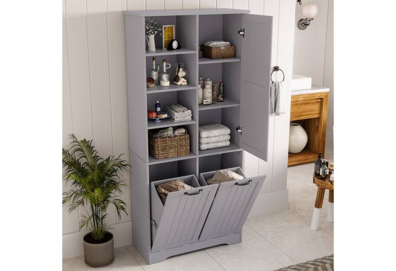 TavilaEcon Badkommode mit feuchtigkeitsbeständiger Lackierung & verstellbaren Regalen (1 St), mit doppeltem Wäschekorb & 4 offenen Fächer &1 Tür, grau von TavilaEcon