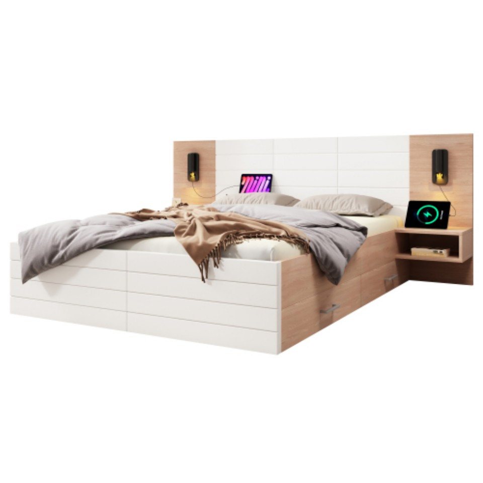 TavilaEcon Bett mit 2 Schubladen, 140×200cm (Ohne Matratze), Kopfteil Leselicht mit USB Ladefunktion von TavilaEcon