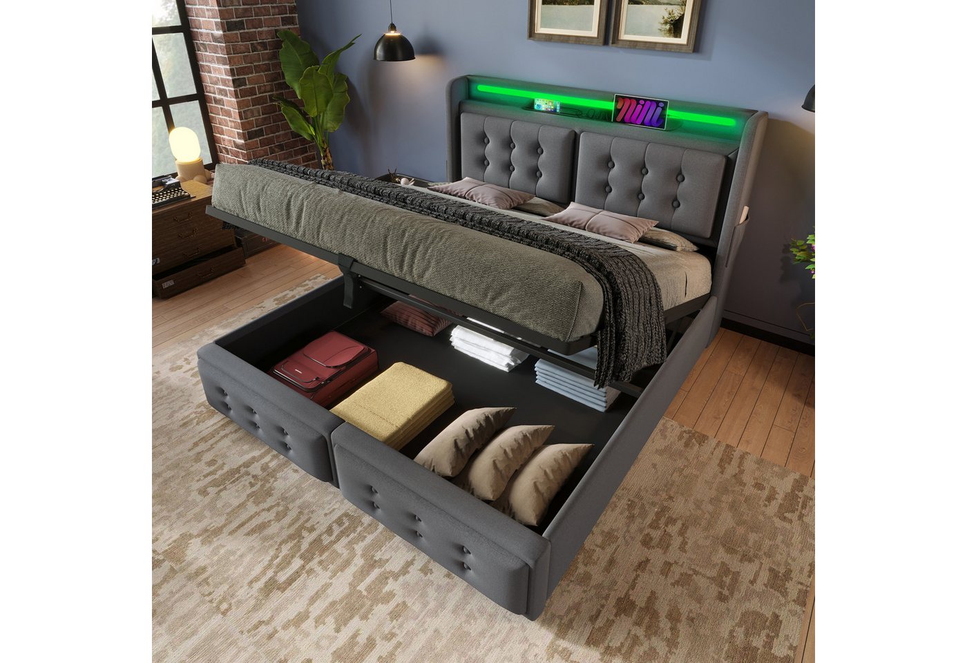 TavilaEcon Boxspringbett Doppelbett mit Led-Kopfteil und USB Typ C Ladefunktion (Ohne Matratze), Hydraulisches Bett mit Lattenrost aus Holz und Metallrahmen, grau von TavilaEcon