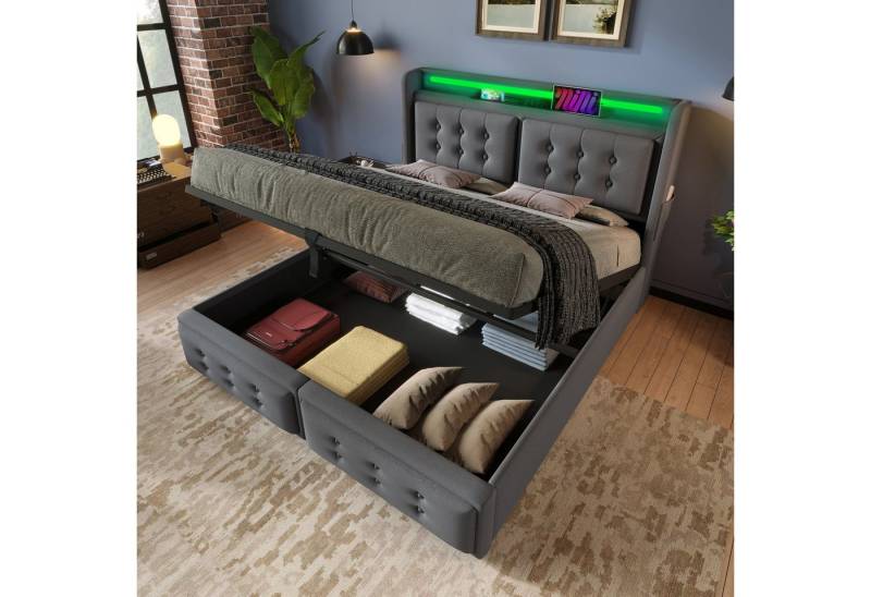 TavilaEcon Boxspringbett Doppelbett mit Led-Kopfteil und USB Typ C Ladefunktion (Ohne Matratze), Hydraulisches Bett mit Lattenrost aus Holz und Metallrahmen, grau von TavilaEcon
