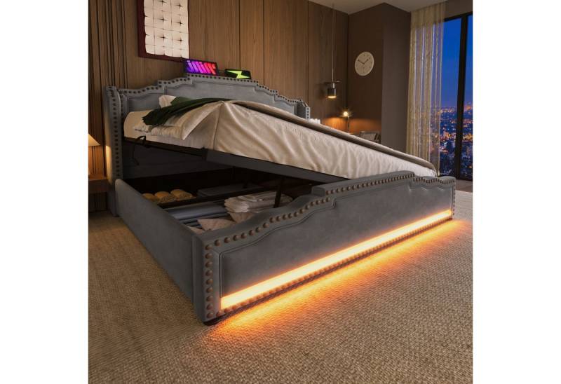 TavilaEcon Boxspringbett Doppelbett mit Stauraum, LED-Beleuchtung und USB-C-Ladeanschluss (1-St), Metallfüße für hohe Belastbarkeit, Samt, ohne Matratze von TavilaEcon