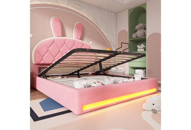 TavilaEcon Boxspringbett Hydraulisch Polsterbett mit Kaninchen-Kopfteil und LED-Lichtstreifen, Bequemes Samt-Material, Bettrahmen mit Metallträger, 140×200cm von TavilaEcon