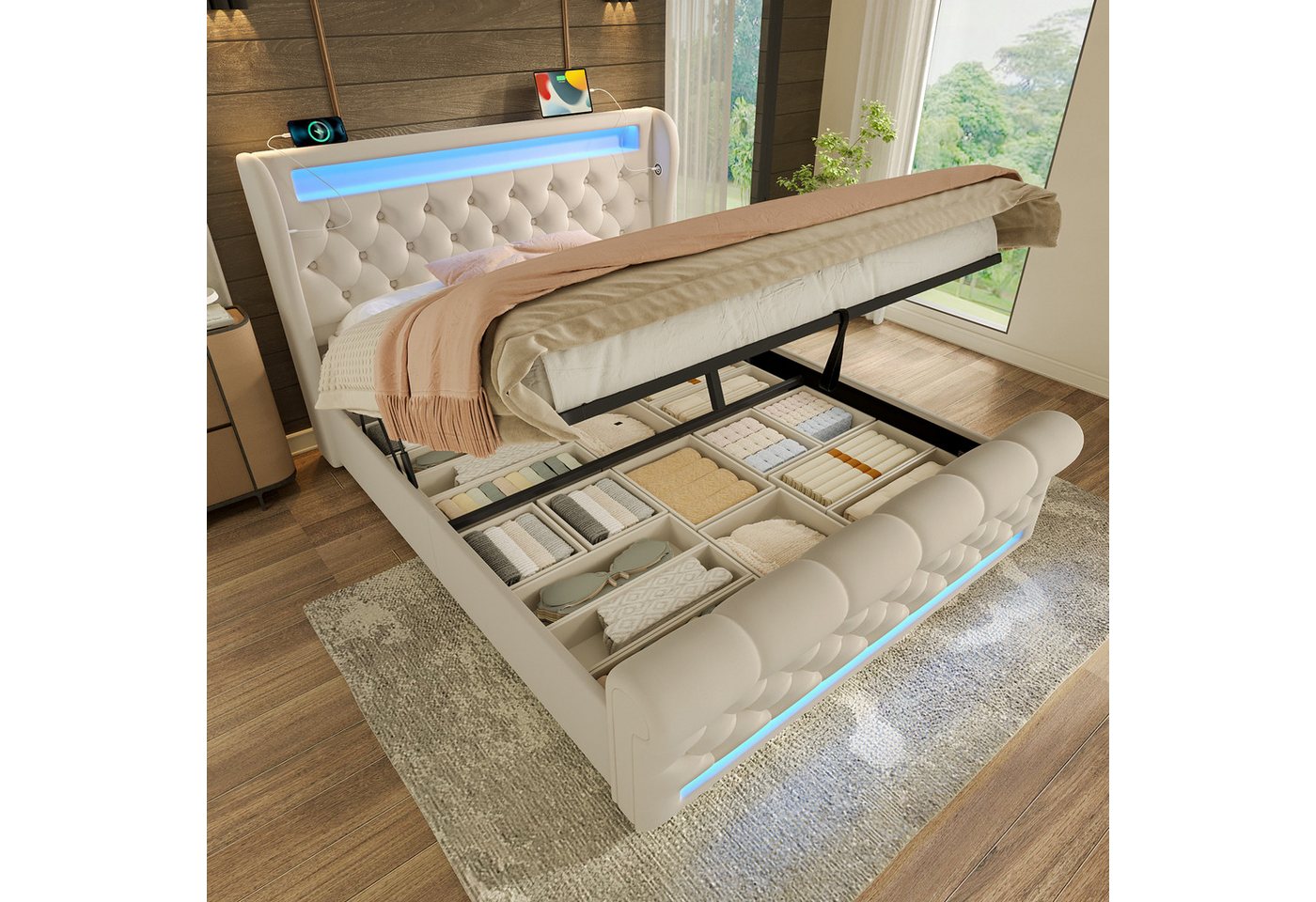 TavilaEcon Boxspringbett LED-Leuchten, Stauraum-Kopfteil mit USB- & Typ-C-Anschlüssen, Samt, Einzelbett, Hydraulisches Stauraumbett, Ohne Matratze,140x200cm, Beige TavilaEcon Boxspringbett LED-Leuchten, Stauraum-Kopfteil mit USB- & Typ-C-Anschlüssen, Samt, Einzelbett, Hydraulisches Stauraumbett, Ohne Matratze,140x200cm, Beige von TavilaEcon