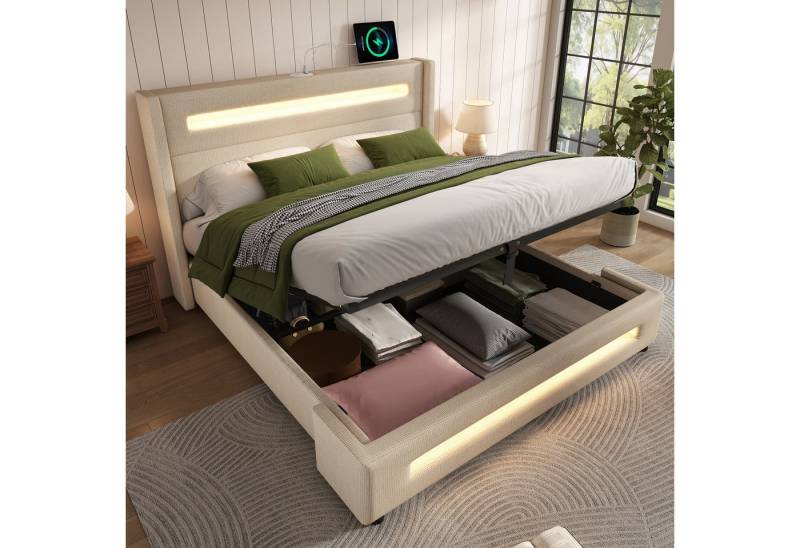 TavilaEcon Boxspringbett Modernes LED-Bett mit Ladestation und USB/Type-C-Anschlüsse, hydraulischer Stauraum, leinenimitat-Optik, Grau/Beige von TavilaEcon