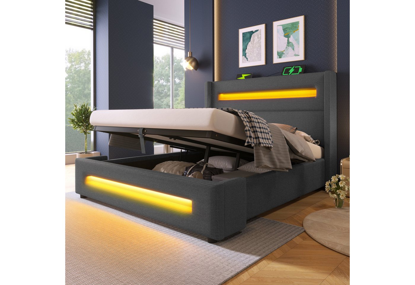 TavilaEcon Boxspringbett Modernes LED-Bett mit Ladestation und USB/Type-C-Anschlüsse, hydraulischer Stauraum, leinenimitat-Optik, Grau/Beige TavilaEcon Boxspringbett Modernes LED-Bett mit Ladestation und USB/Type-C-Anschlüsse, hydraulischer Stauraum, leinenimitat-Optik, Grau/Beige von TavilaEcon