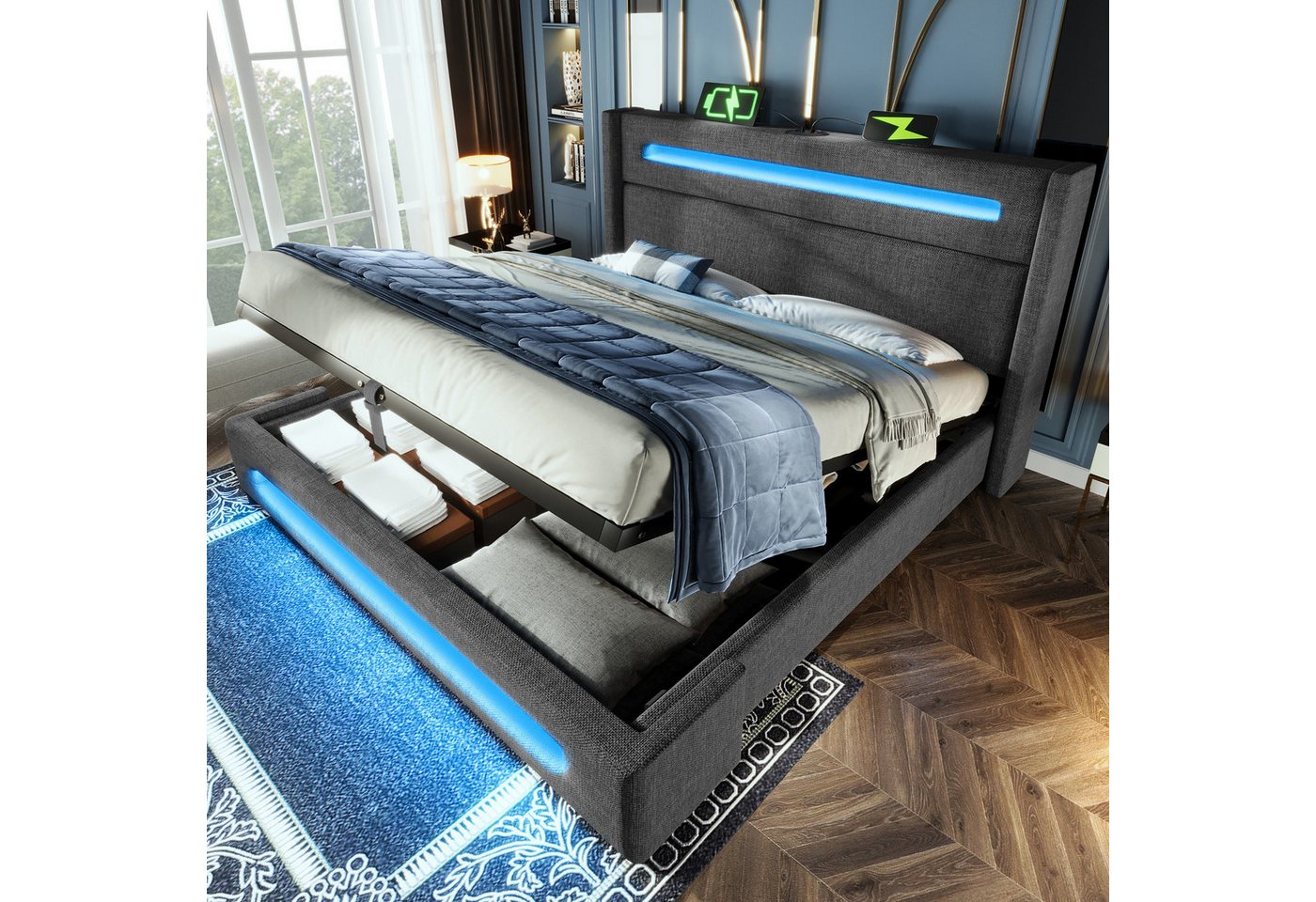 TavilaEcon Boxspringbett Modernes LED-Bett mit Ladestation und USB/Type-C-Anschlüsse, hydraulischer Stauraum, leinenimitat-Optik, Grau/Beige TavilaEcon Boxspringbett Modernes LED-Bett mit Ladestation und USB/Type-C-Anschlüsse, hydraulischer Stauraum, leinenimitat-Optik, Grau/Beige von TavilaEcon