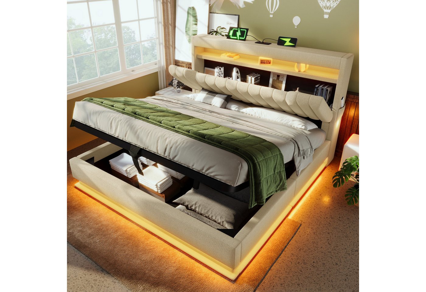 TavilaEcon Boxspringbett Modernes LED-Bett mit Smart-Funktionen, 4 Größen (90-180x200cm), App-gesteuerte RGB-Beleuchtung, Kopfteil mit Schnellladeanschlüssen von TavilaEcon