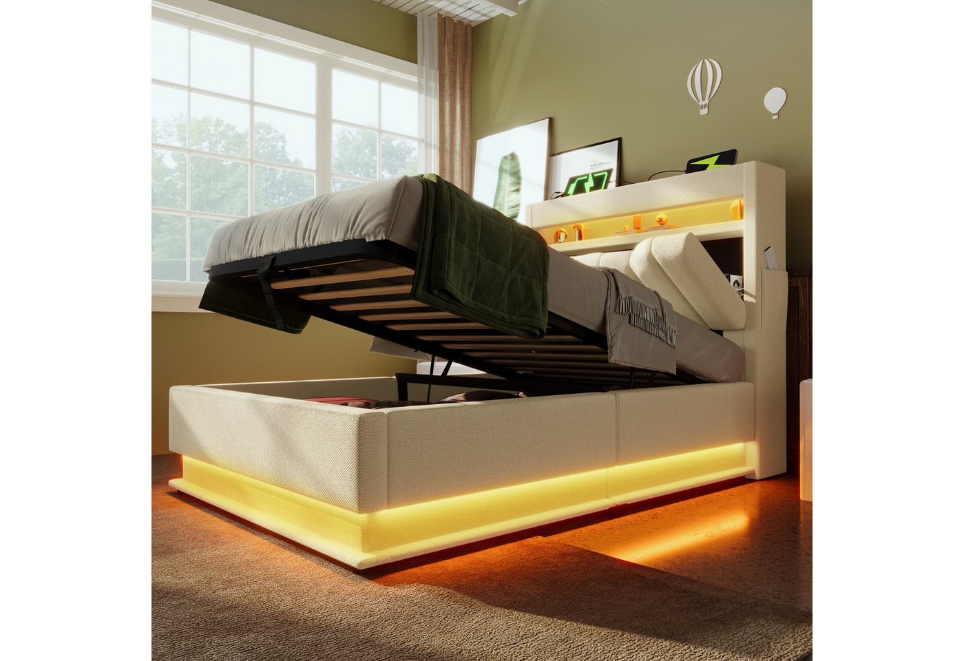 TavilaEcon Boxspringbett Modernes LED-Bett mit Smart-Funktionen, 4 Größen (90-180x200cm), App-gesteuerte RGB-Beleuchtung, Kopfteil mit Schnellladeanschlüssen von TavilaEcon