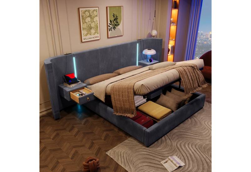 TavilaEcon Boxspringbett Polsterbett mit LED-Leiste und hydraulischem Stauraum, 2 Schubladen, USB + Type-C, 180×200cm von TavilaEcon