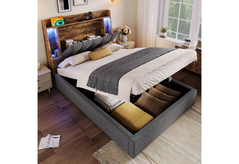 TavilaEcon Boxspringbett Polsterbett mit innovativem Design im Kopfteil & LED-Lichtleiste (1-St), mit USB- und Typ-C-Anschlüsse, 90×200cm, beige von TavilaEcon