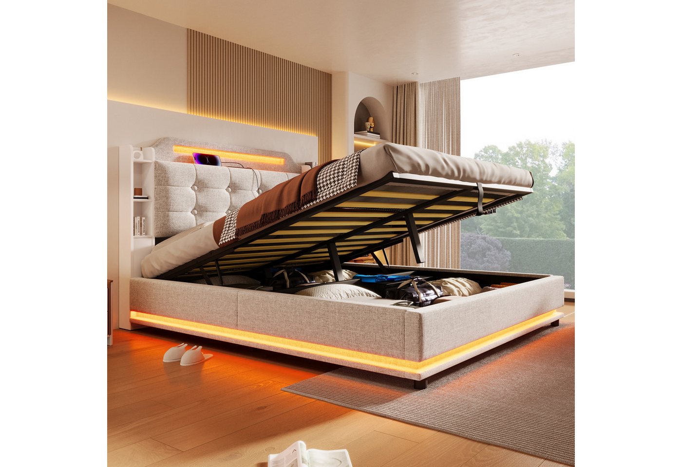 TavilaEcon Boxspringbett aus Leinenstoff und MDF-Umweltplatten, mit LED-Lichtleiste, mehrere Ablagefächer, ohne Matratze, 140×200cm TavilaEcon Boxspringbett aus Leinenstoff und MDF-Umweltplatten, mit LED-Lichtleiste, mehrere Ablagefächer, ohne Matratze, 140×200cm von TavilaEcon