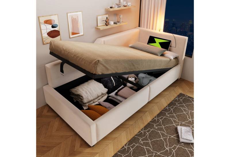TavilaEcon Boxspringbett mit Leselichtfunktion und USB Ladefunktion (90×190/90×200cm), mit Lattenrost aus Holz, Samt, beige von TavilaEcon